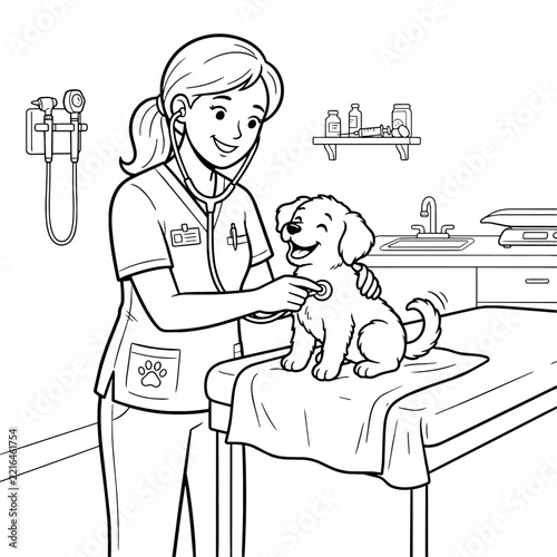 Veterinarian examining a puppy with stethoscope coloring page
