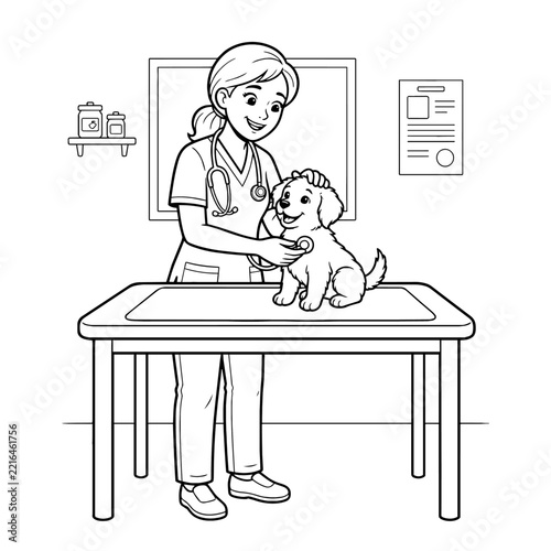 Coloring page of veterinarian examining a cute puppy vector