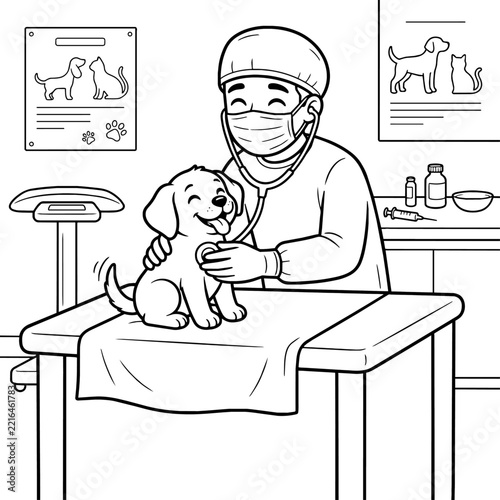Veterinarian examining a cute puppy coloring page vector illustration