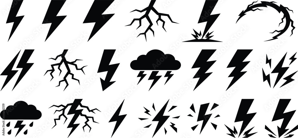 Fototapeta premium Lightning Bolt Silhouette Icon Collection Flash Thunder Storm Energy Vector Illustration Black Set