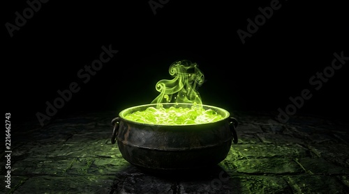 A bubbling cauldron of eerie green potion illuminated in the darkness evokes the spirit of halloween night