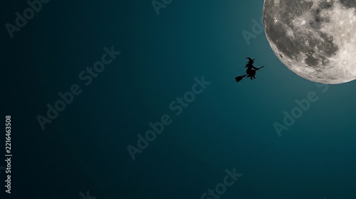 A solitary witch flies across the earth on a dark and mysterious halloween night soaring through the cosmos