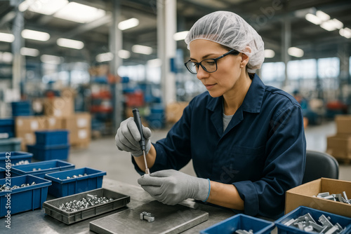 Factory worker assembling small metal parts at a workbench