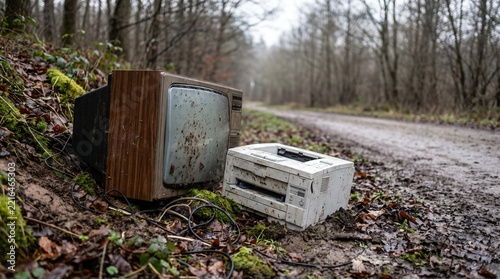 Fly Tipping: Old Boxy Television and a Broken Printer Dumped in Mud Beside a Woodland Track