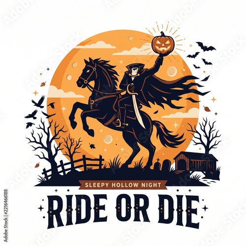 Ride or Die Halloween t-shirt badge with headless horseman on rearing horse holding glowing pumpkin against a full moon