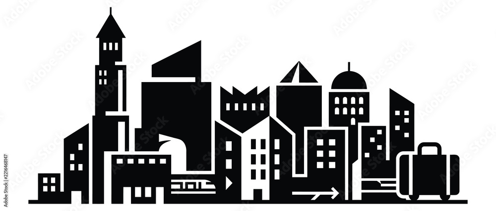 Fototapeta premium A minimalist black and white silhouette illustration of a modern city skyline featuring various tall buildings and skyscrapers isolated on white background.