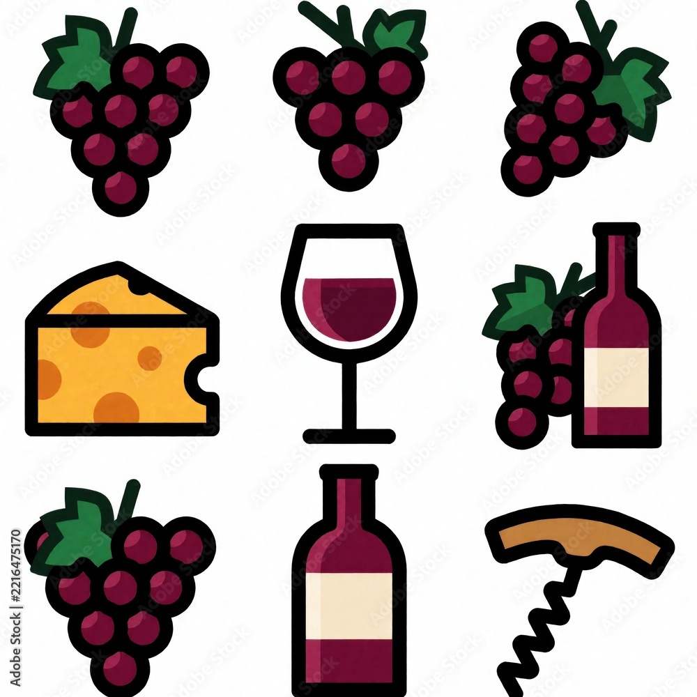 Fototapeta premium Wine tasting icon set. Collection includes grapes, cheese, red wine glass, bottle, corkscrew. Flat style graphic elements for winery menu, vineyard branding, restaurant decor alcohol production app.