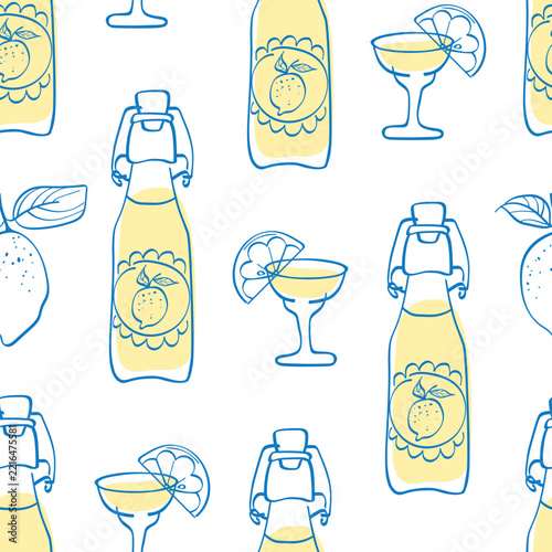 Seamless pattern with lemons and limoncello in a Mediterranean style. Amalfi. Vector illustration on a white background. Doodle.