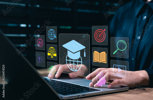 AI education and global digital learning concept. Student using laptop to representing online study, intelligent tutoring, research, knowledge discovery, skills development, educational innovation