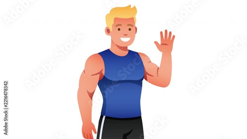 Friendly blond illustrated man waving hello in a blue shirt and light pants isolated on a clean white background Prores Alpha 4K 60 fps Looping