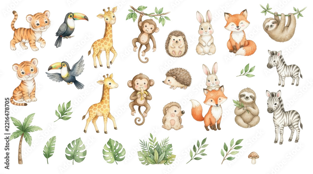 Fototapeta premium Cute watercolor jungle animals collection with tropical leaves for nursery room wall art decor
