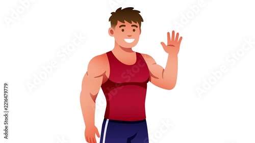 Cheerful muscular illustrated man waving with one hand while wearing a sleeveless red shirt isolated on white Prores Alpha 4K 60 fps Looping