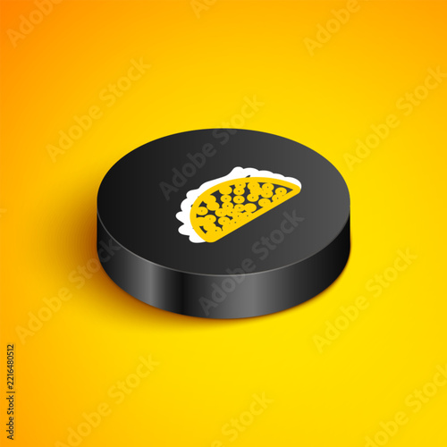 Isometric line Taco with tortilla icon isolated on yellow background. Traditional mexican fast food. Black circle button. Vector