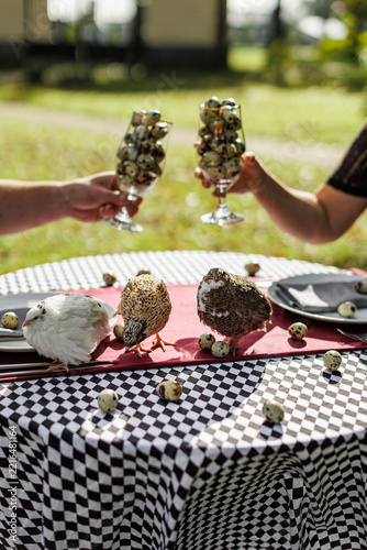 Three quails stand on a festive outdoor table while two people raise glasses filled with speckled quail eggs in a sunny garden setting