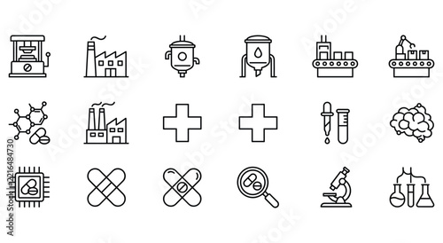 Pharmaceutical production and medical technology icons for biotech research with chemical process laboratory equipment test tubes pill production