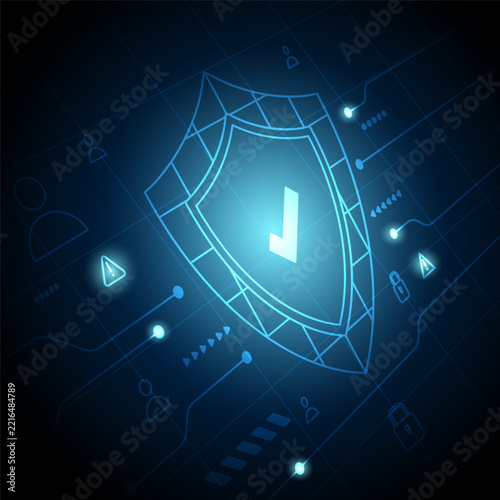 blue cybersecurity technology concept on dark background with secure shield and user icon for computer digital network data protection