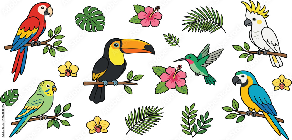 Fototapeta premium Tropical Exotic Birds and Floral Vector Element Set with Colorful Macaws, Toucan, Cockatoo, Hummingbird, Parakeet, Hibiscus Flowers, and Jungle Palm Leaves