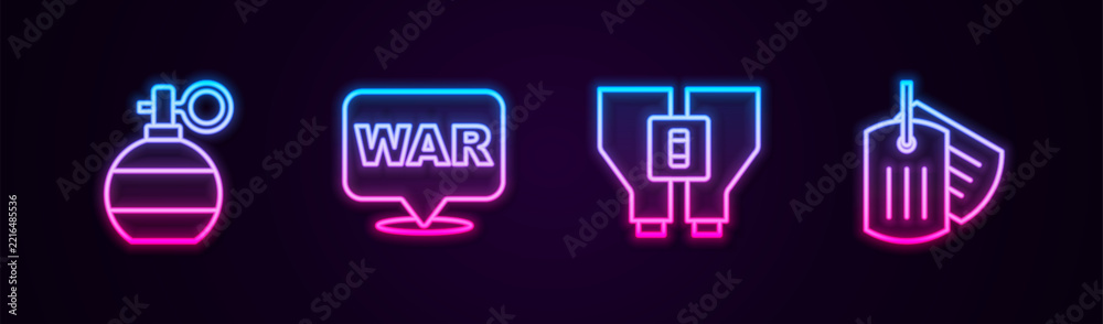 Fototapeta premium Set line Hand grenade, The word war, Binoculars and Military dog tag. Glowing neon icon. Vector