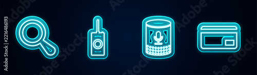 Set line Magnifying glass, Remote control, Voice assistant and Credit card. Glowing neon icon. Vector