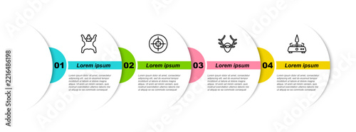 Set line Bear skin, Target sport, Deer antlers on shield and Camping gas stove. Business infographic template. Vector