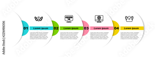 Set line Medical protective mask, Corona virus on location, Virus statistics monitor and . Business infographic template. Vector