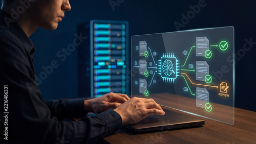 AI invoice processing and accounting automation concept, man using laptop with hologram ai brain chip sorting approved invoice for business payment workflow, audit compliance and finance data
