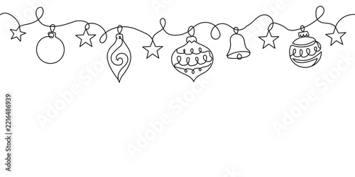 Continuous line drawing of christmas decorations hanging on a string, festive holiday ornaments and stars border