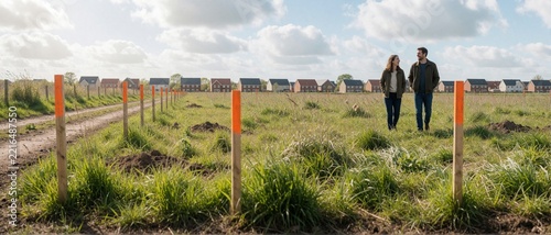 Smiling couple walking through field with new houses