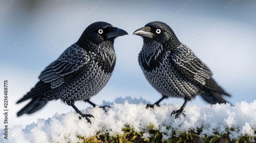 Fototapeta premium Two tiny knitted black birds sit on snowy ground. Handmade wool rook chess pieces look like real crows in winter. Miniature crochet toy animals feature detailed texture, grey patterns. Small craft