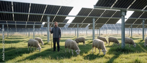 Shepherd with sheep grazing under solar panels