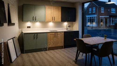 Modern kitchen showroom with mixed-material cabinets