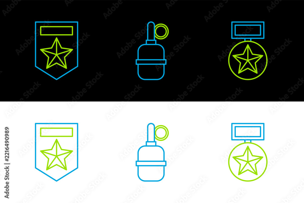 Fototapeta premium Set line Military reward medal, Chevron and Hand grenade icon. Vector