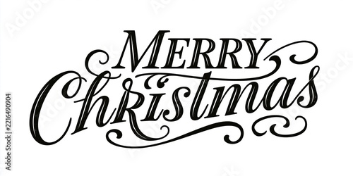 Merry Christmas elegant black calligraphy lettering with decorative flourishes isolated on white background