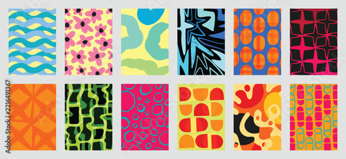 Fun Eclectic Mid Century Pattern Bundle, vector abstract prints with playful waves, florals, squiggles and geometric motifs for fabric, wallpaper, home decor, packaging and surface design
