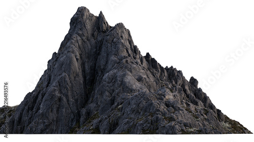 Isolated powerful dark mountain peak featuring rugged jagged cliffs and impressive rocky slopes.
