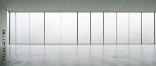 Minimalist white room with floor to ceiling windows