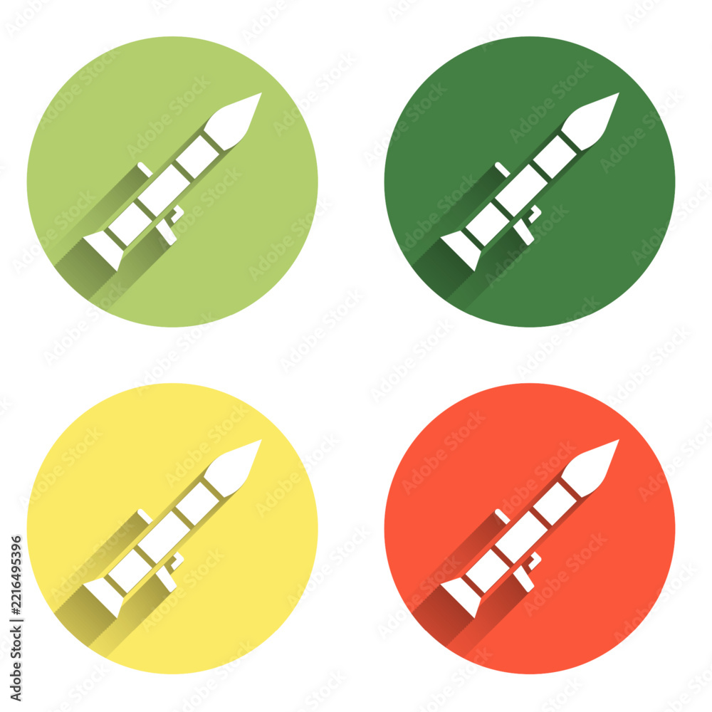 Fototapeta premium Set Rocket launcher with missile icon isolated with long shadow background. Color circle button. Vector