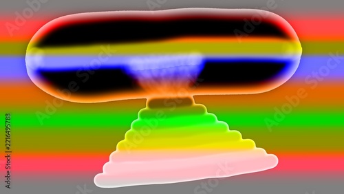 Grafica digitale psichedelica in stile glitch art con sfondo a bande orizzontali multicolore, caratterizzata da una struttura a piramide gradinata e una forma ovale 