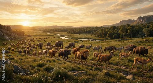 Creation of land animals and livestock on the sixth day, Genesis 1 Old Testament biblical scene, God's creation, cattle and wildlife, religious illustration