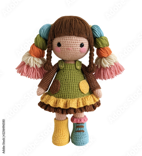 Crochet girl doll with colorful pigtails and green dress
