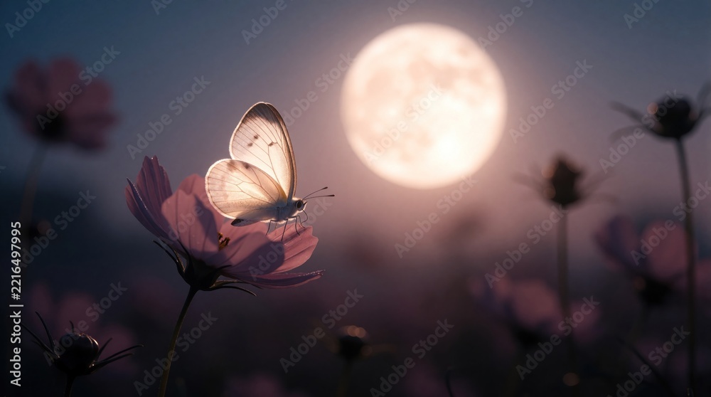 Fototapeta premium Glowing white butterfly sits on pink flower petal under bright full moon. Macro shot of insect on cosmos bloom at night. Magical nature scene with soft moonlight, summer garden vibes, beautiful