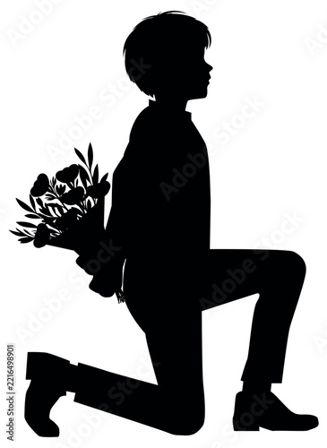 Silhouette of a boy carrying a bouquet