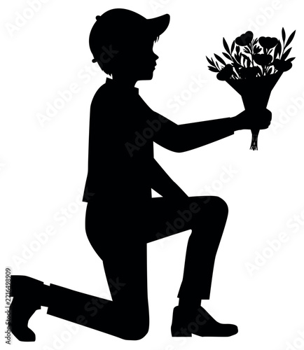Silhouette of a boy carrying a bouquet