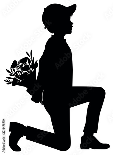 Silhouette of a boy carrying a bouquet