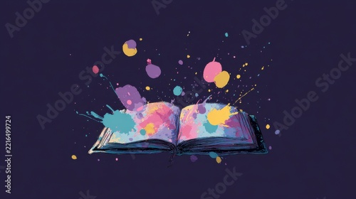 Bright colors burst from an open book in a creative display of imagination and art on a dark background during a digital design session