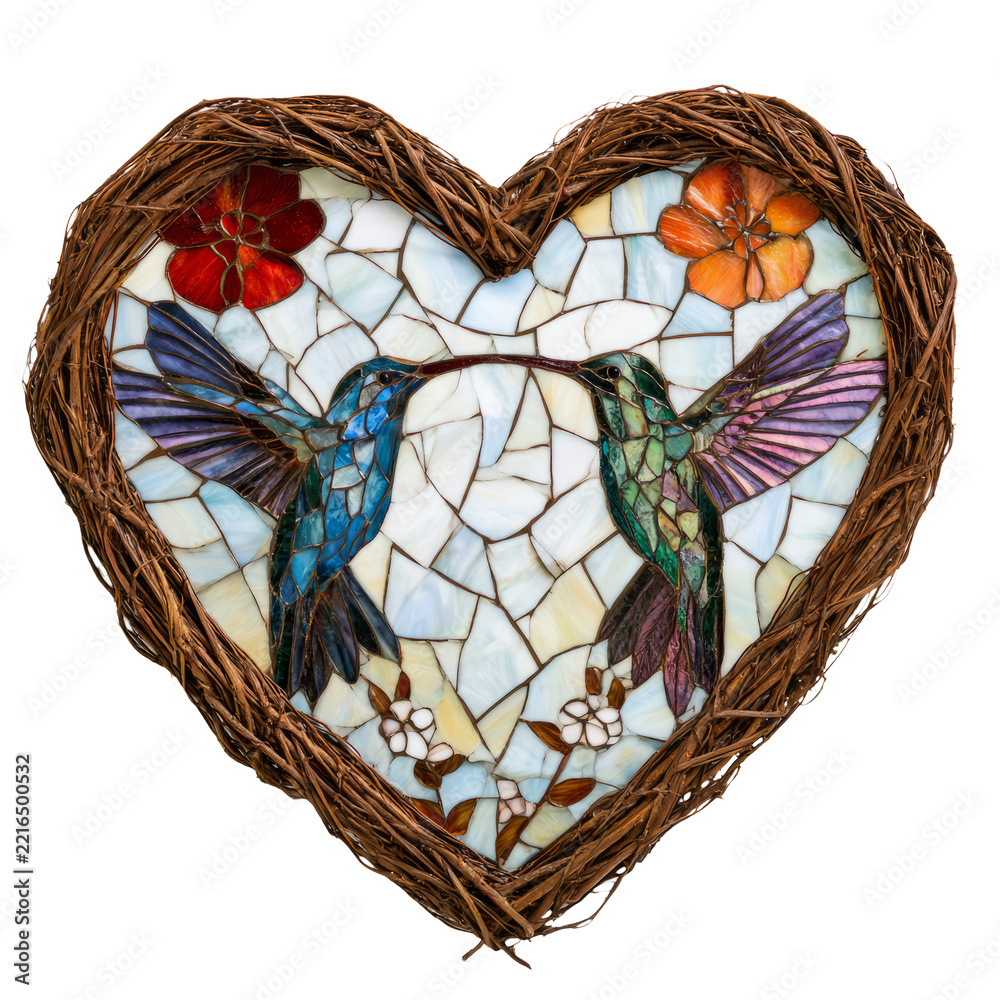 Fototapeta premium Heart shaped stained glass with hummingbirds and flowers
