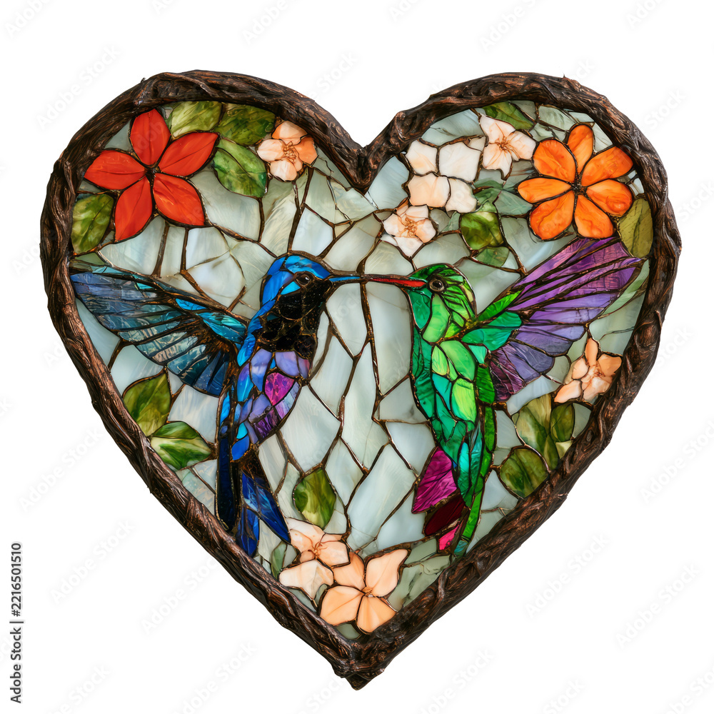 Fototapeta premium Heart shaped stained glass with hummingbirds and flowers