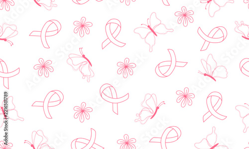 Pink ribbon design with butterfies and flower seamless pattern. Breast cancer concept line art.