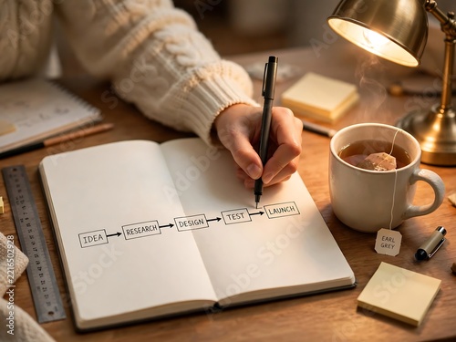 A person writing in a notebook with a pen, showing a business process flow diagram from idea to research, test, and launch on a wooden desk
