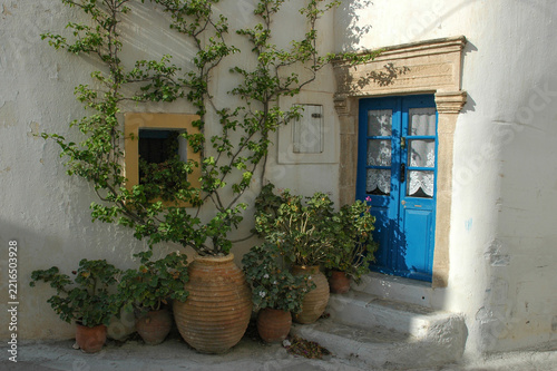 Traditional house entrance on Kythira island features a bright blue wooden door white walls climbing green plants and large clay flower pots